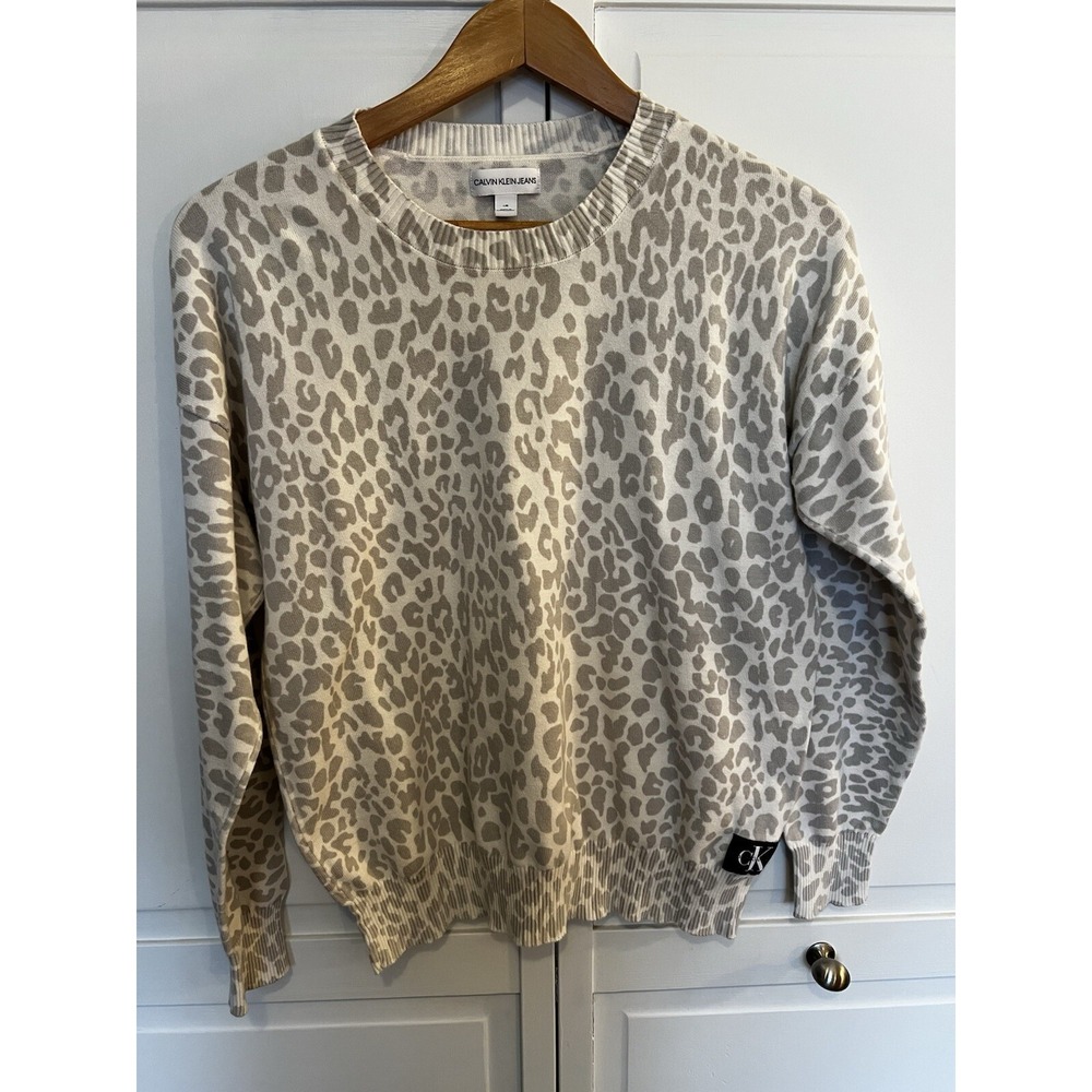 Calvin Klein Sweater Women's Large Gray‎ White Animal Print Light Weight Cotton